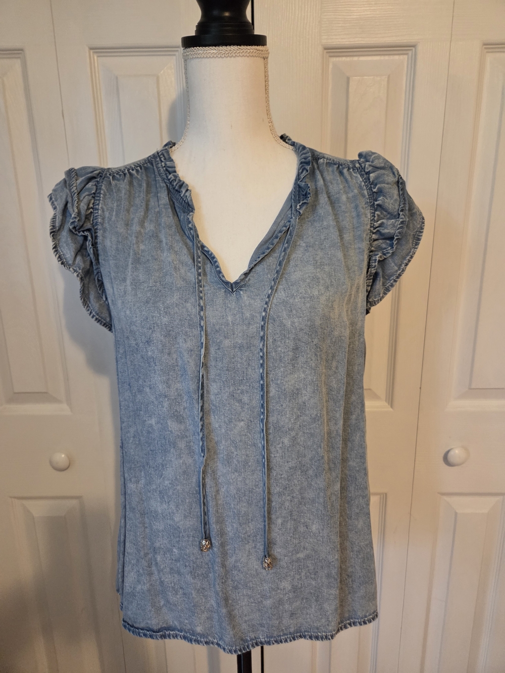 Jane and Delancey Light Blue Washed Denim Peasant Top